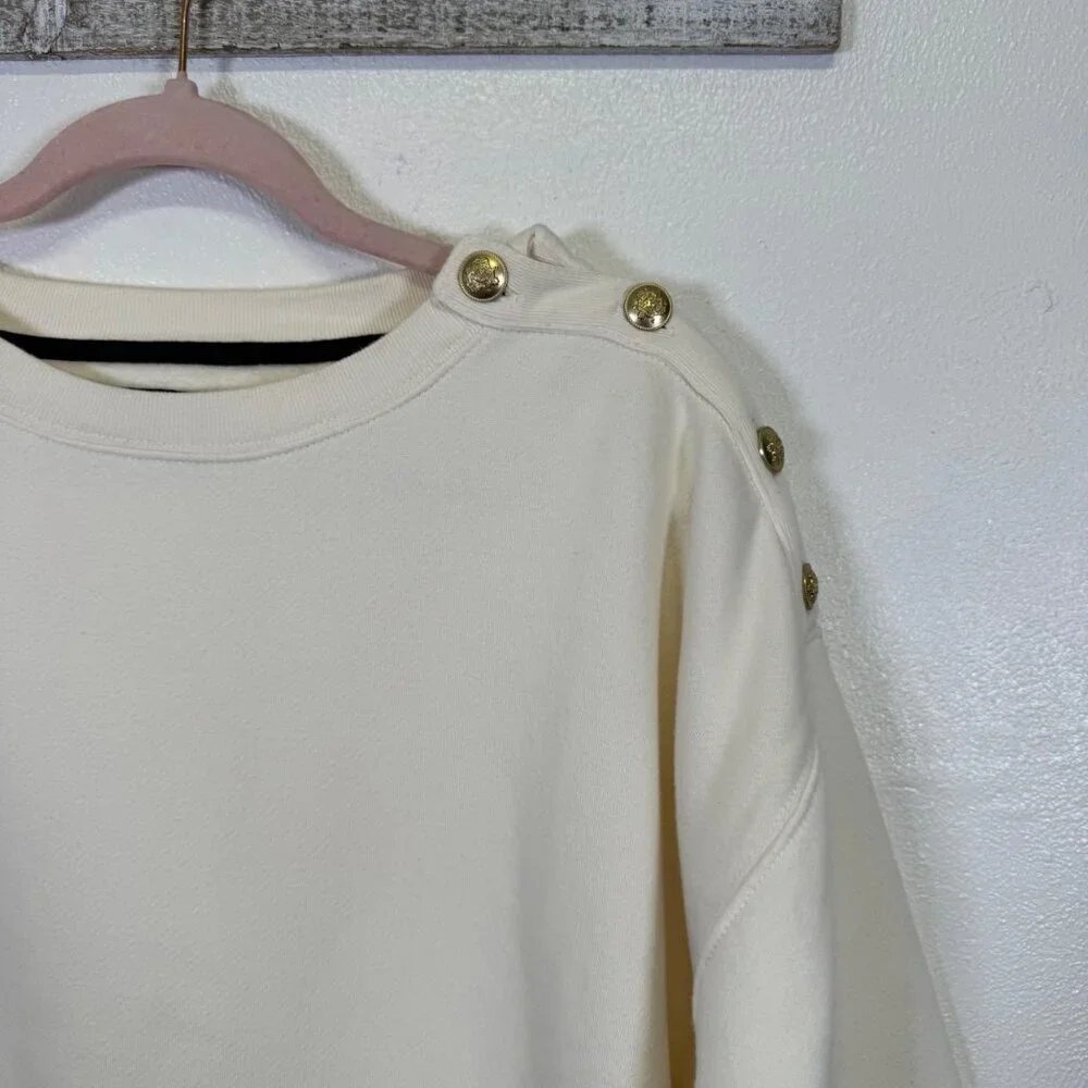 J. Crew Sweatshirt Womens XL Beige Cream Heritage Cropped Gold Buttons Oversized
